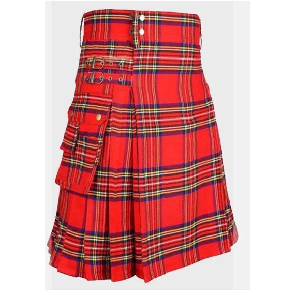 Scotland Kilt Royal Stewart Tartan Utility Kilt Pleated Knee Length Pockets 34 - Picture 1 of 16